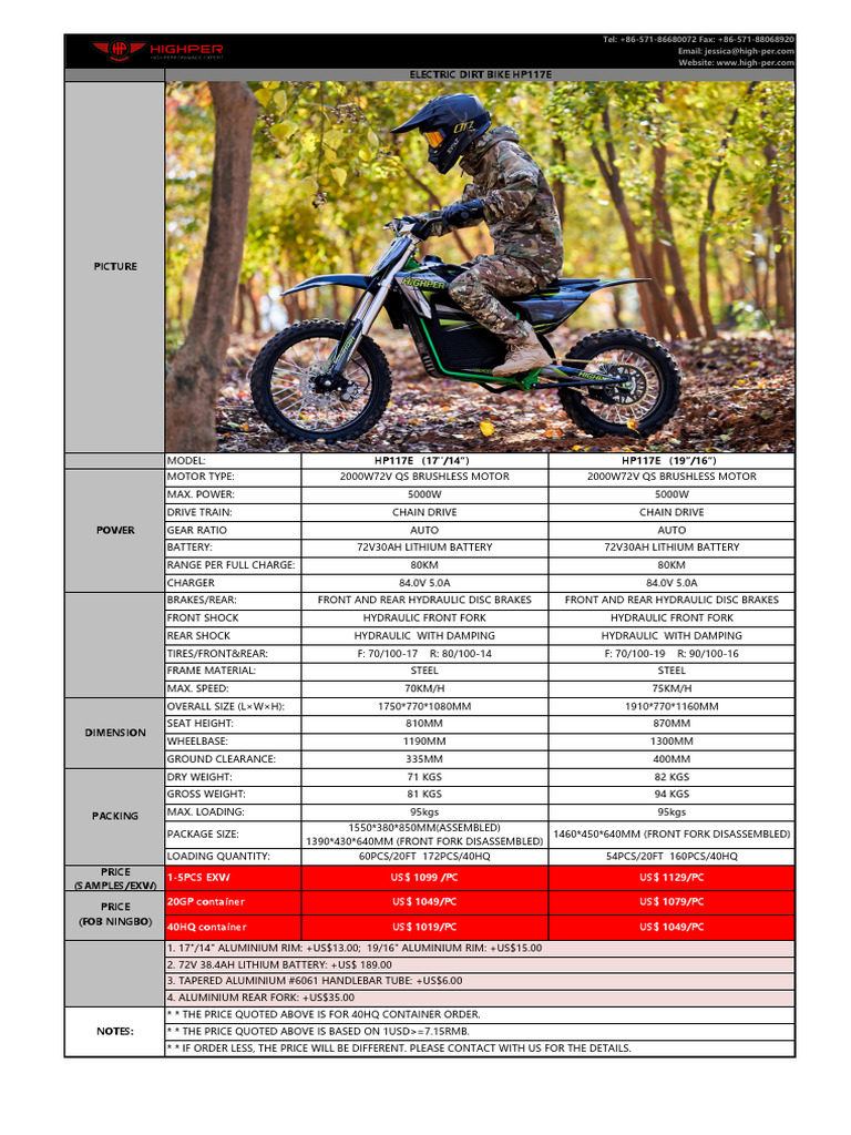 Highper HP117E Electric Dirt Bike Specs | PDF | Automotive Technologies ...
