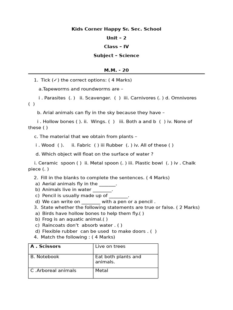 Class 4 Science Ut 2 | PDF
