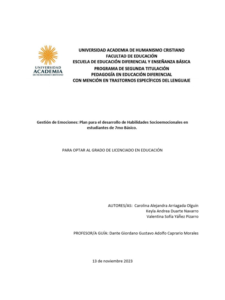 Plan de Gestión Emocional para 7mo Básico | PDF | Las emociones ...