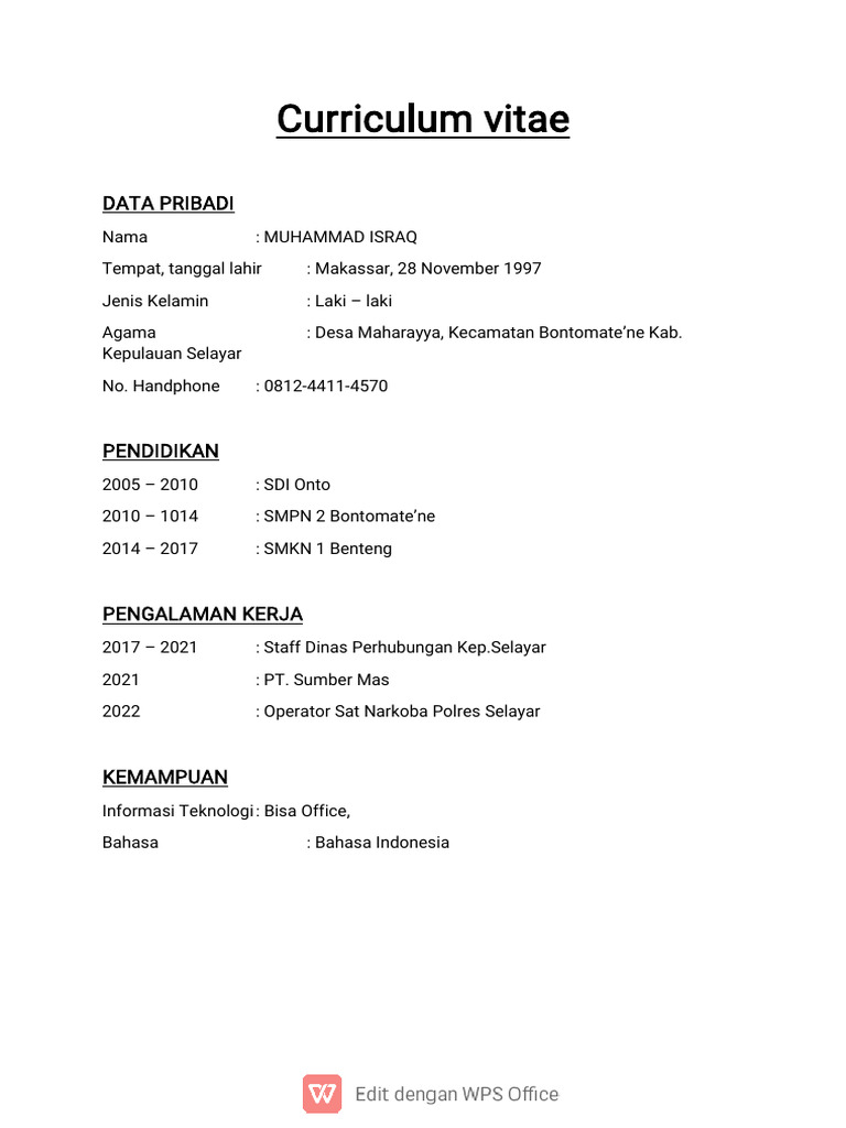 CV Muhammad Israq: Pendidikan & Karir | PDF