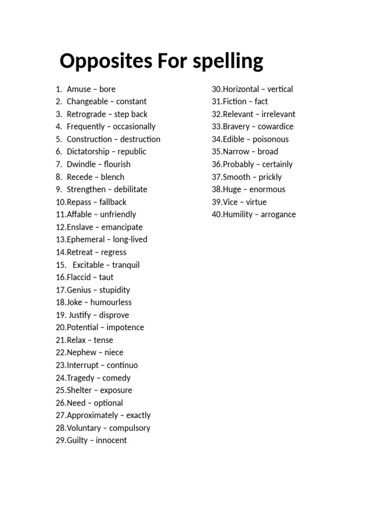 Opposites For Spelling | PDF