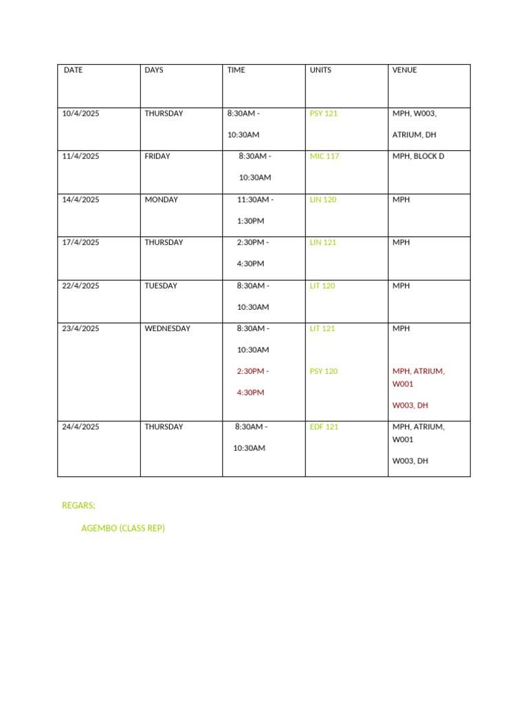 Eng Lit Timetable | PDF