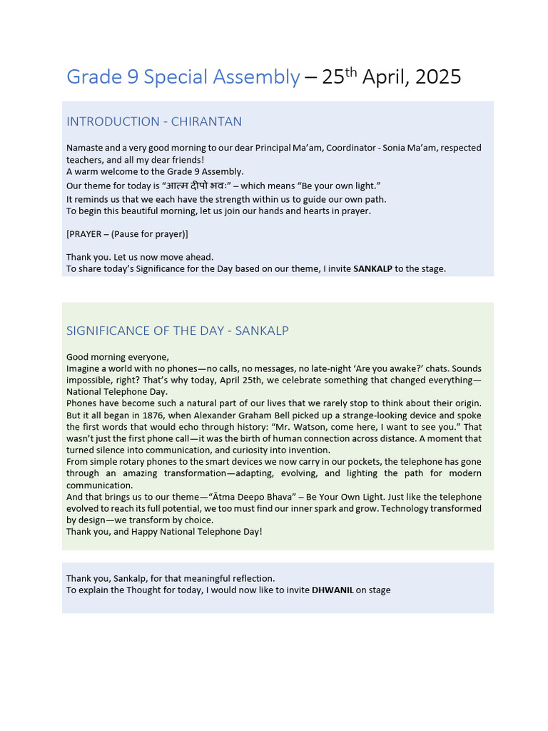 Special Assembly - Grade 9 | PDF | Telephone