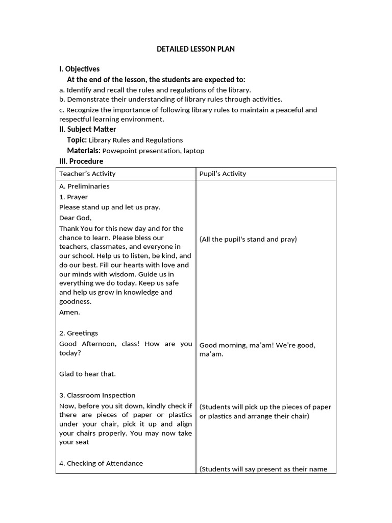 Library Rules and Regulations Lesson Plan | PDF | Libraries | Lesson Plan