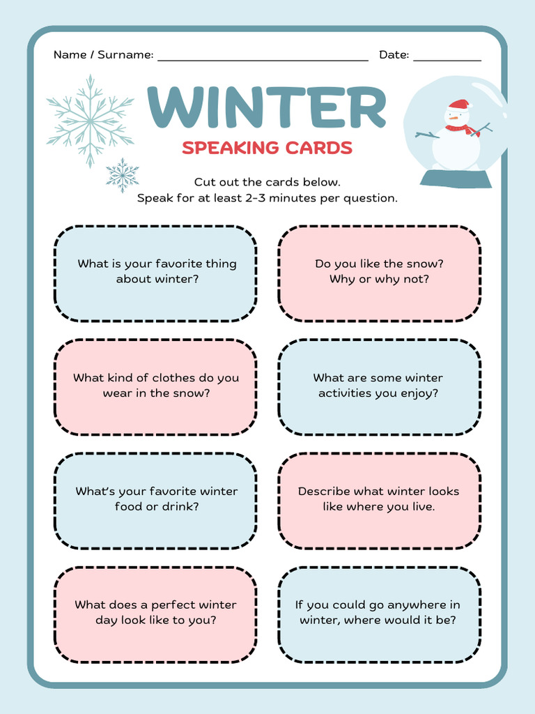 Winter Speaking Cards Worksheets in Blue Red Cozy Style | PDF
