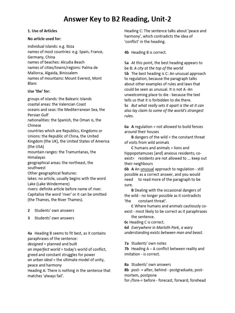 B2 Reading Unit-2 Answer Key | PDF | Earth Sciences | Physical Geography