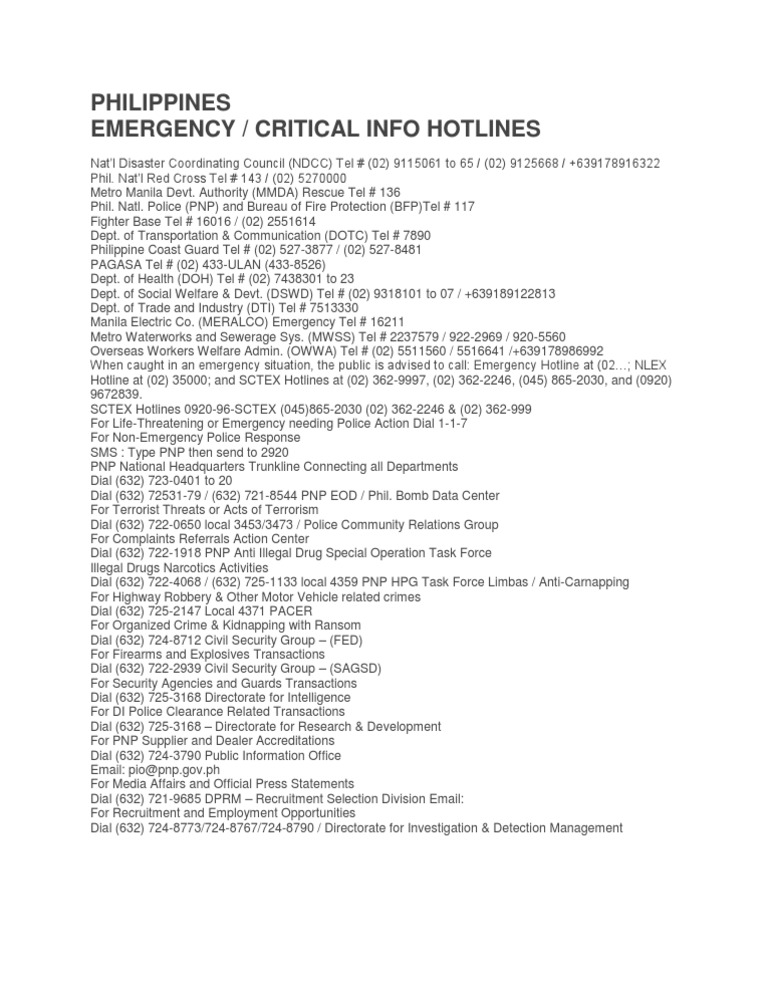 Philippines Emergency / Critical Info Hotlines