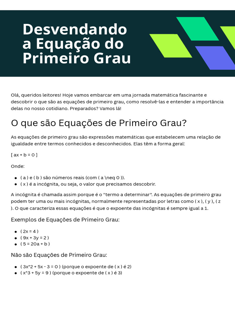Desvendando A Equação Do Primeiro Grau | PDF | Equações | Conceitos ...