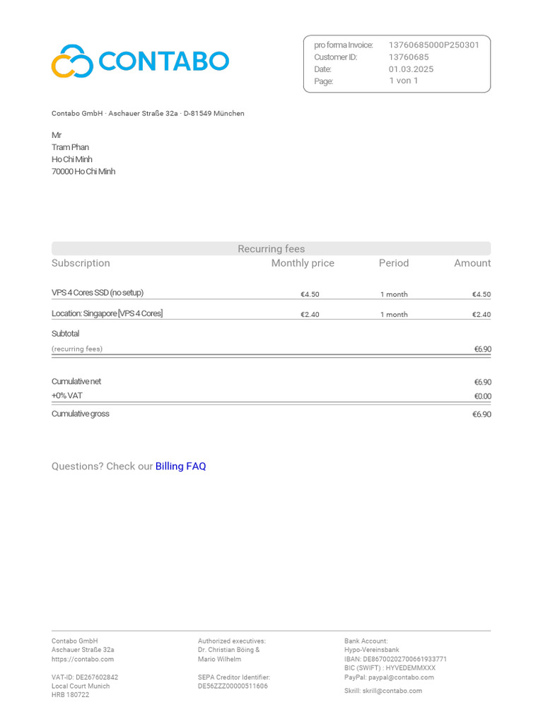Contabo Subscription Invoice Details | PDF