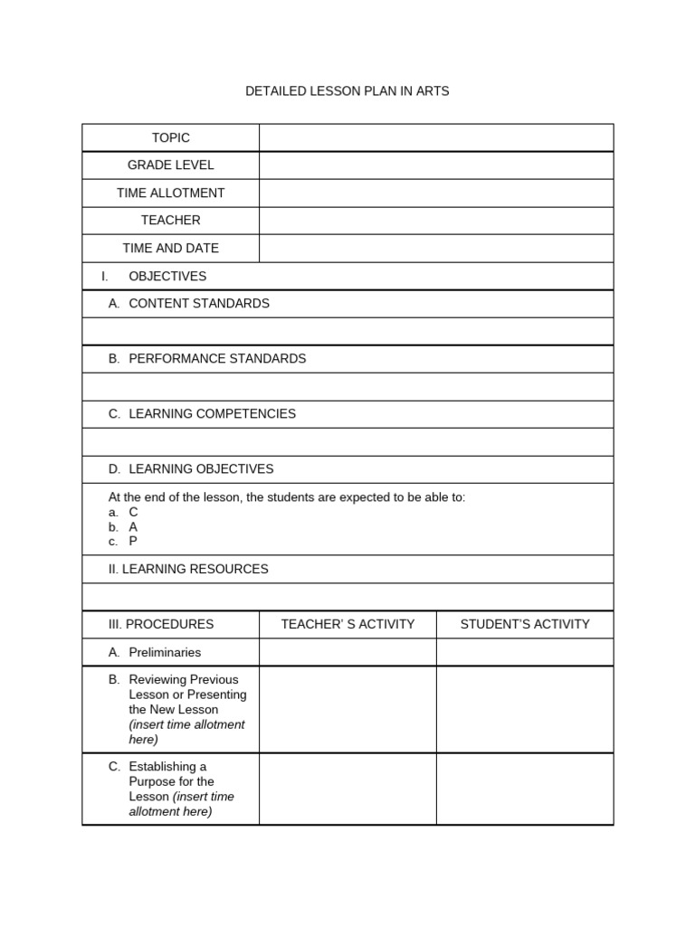Arts Lesson Plan Template | PDF | Educational Assessment | Lesson Plan