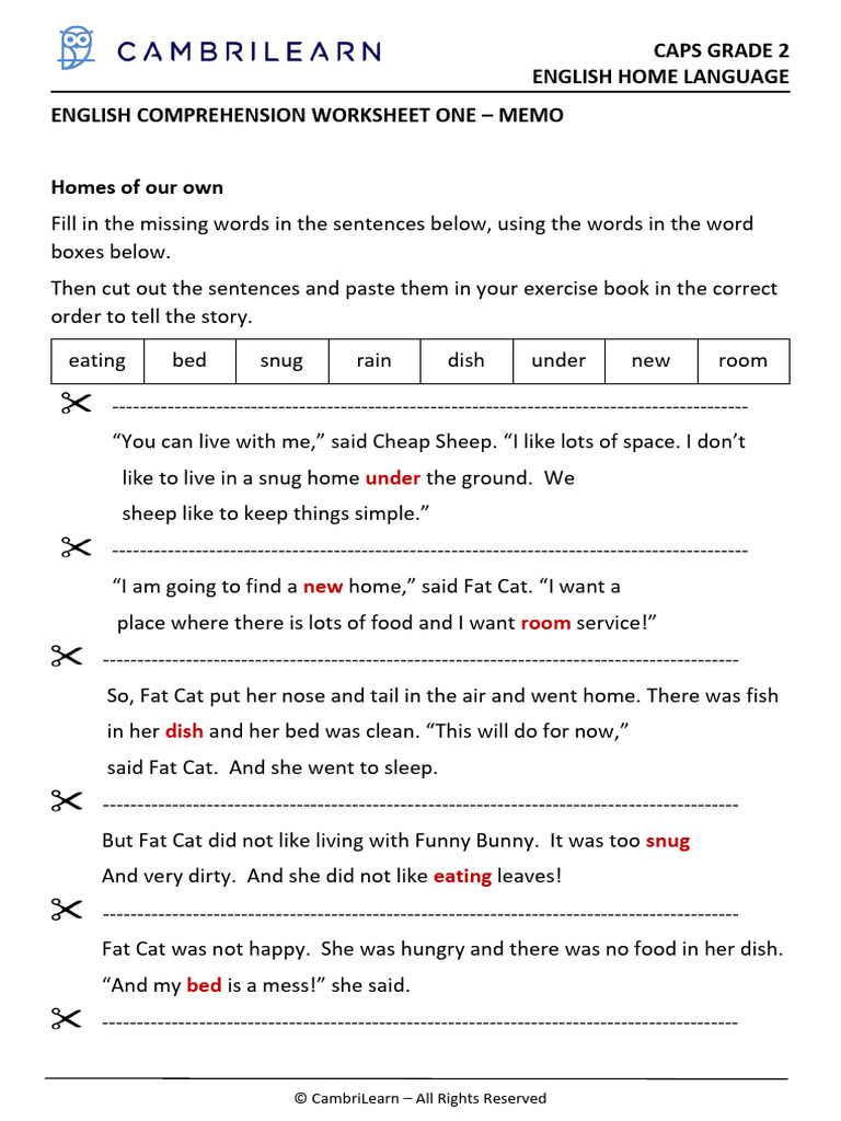 English Comprehension Worksheet One Memo | PDF