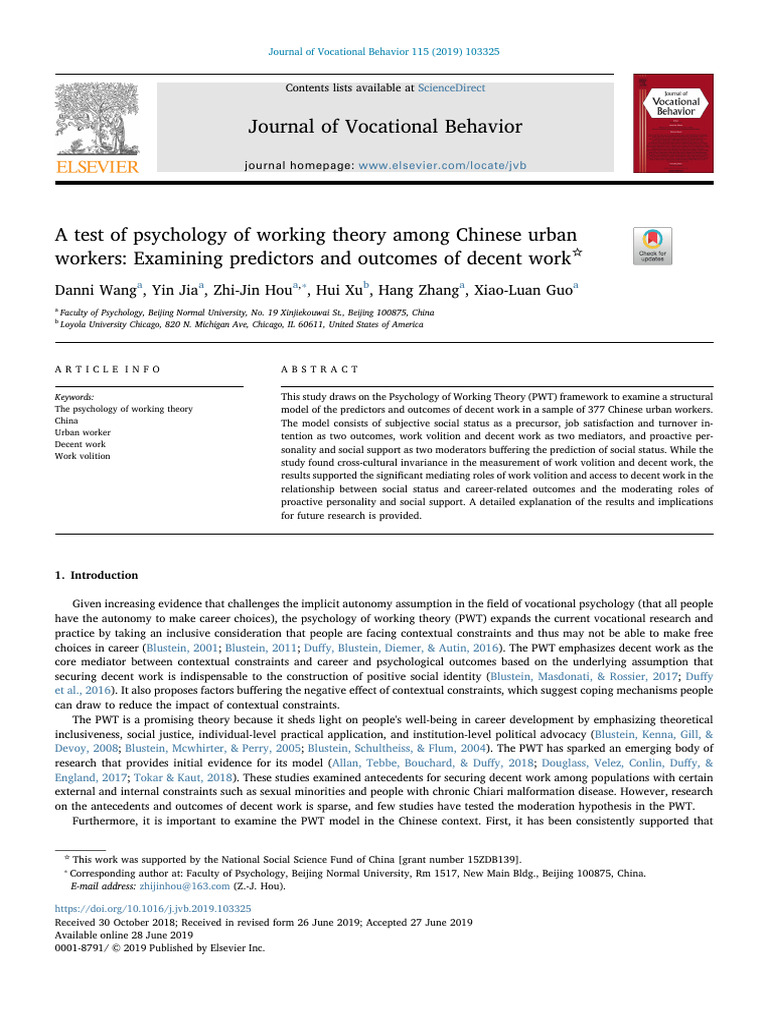 A test of psychology of working theory among chinese urban pdf