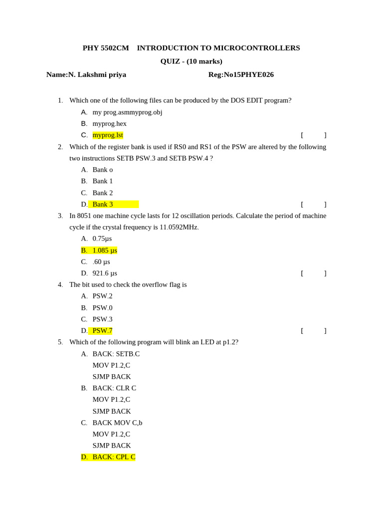 Quiz Microcontroller Reg | PDF | Digital Electronics | Classes Of Computers