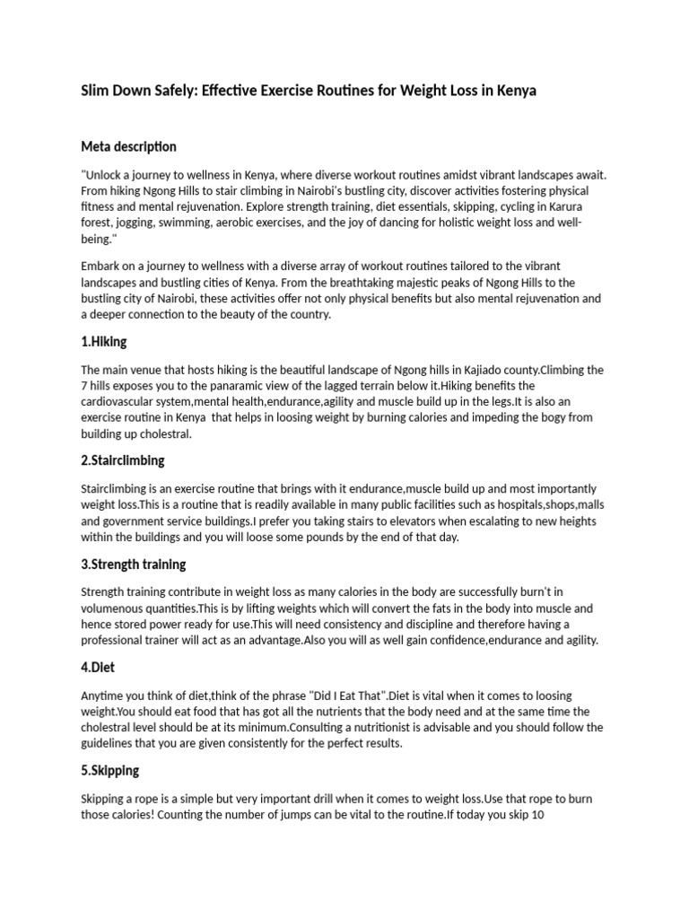 Exercise Routine For Weight Loss Kenya Pdf Dieting Physical Fitness