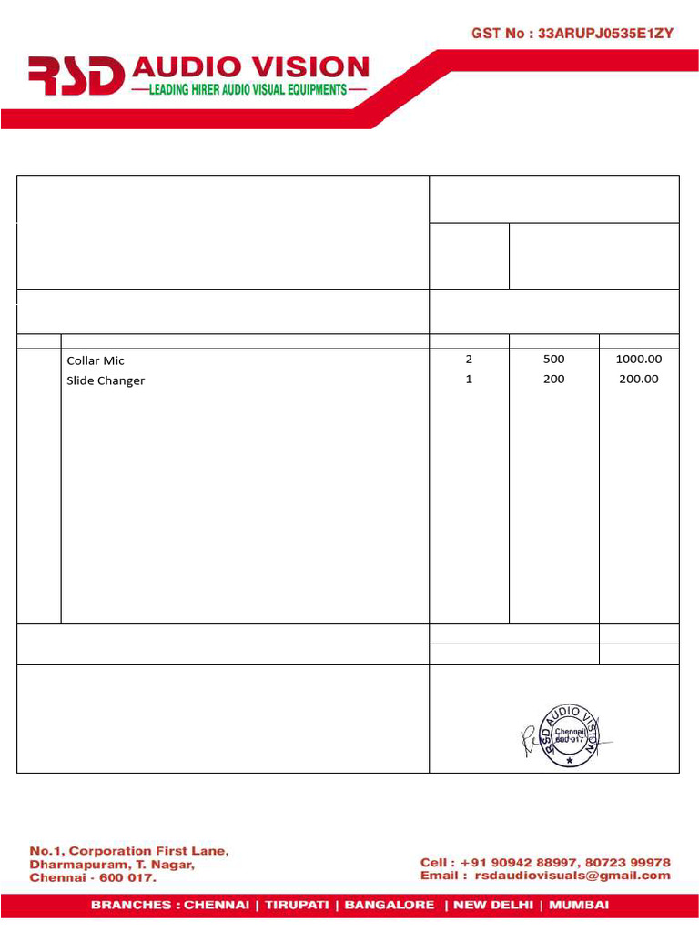 Invoice for RSD Audio Vision Services | PDF