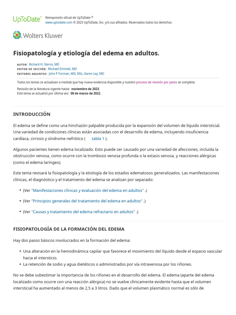 Fisiopatología y Etiología Del Edema en Adultos - UpToDate | PDF ...