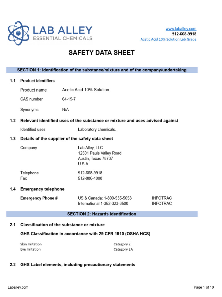 Acetic Acid 10% Solution Safety Data | PDF | Dangerous Goods | Toxicity