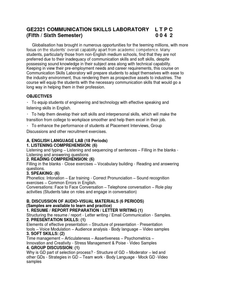 Objectives of Communication Skills Lab | PDF | Laptop | Communication