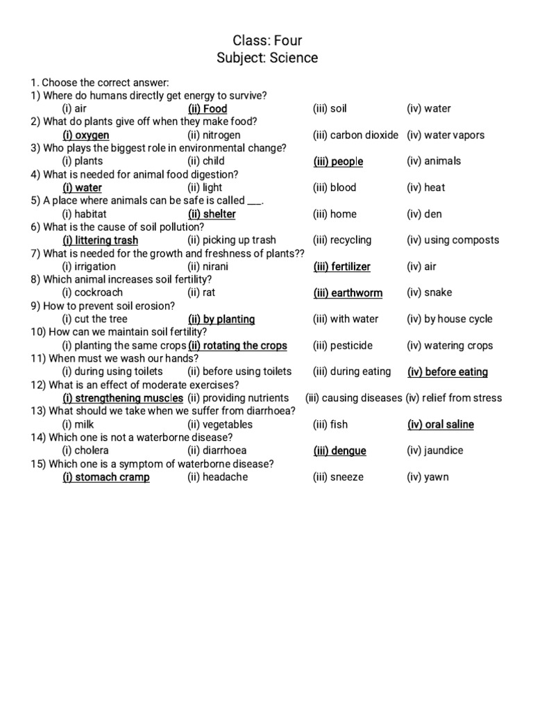 Class 4 Science MCQ Practice Questions | PDF