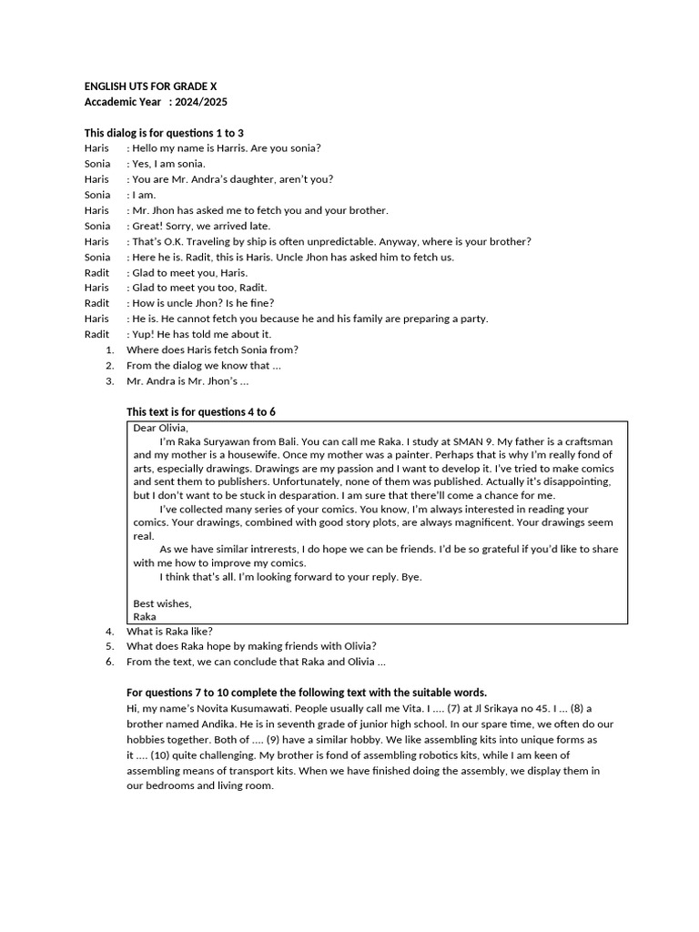 English Uts For Grade X 2023-2024 | PDF