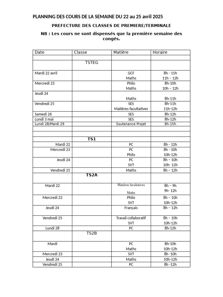 Planning des cours du 22 au 25 avril 2025 | PDF