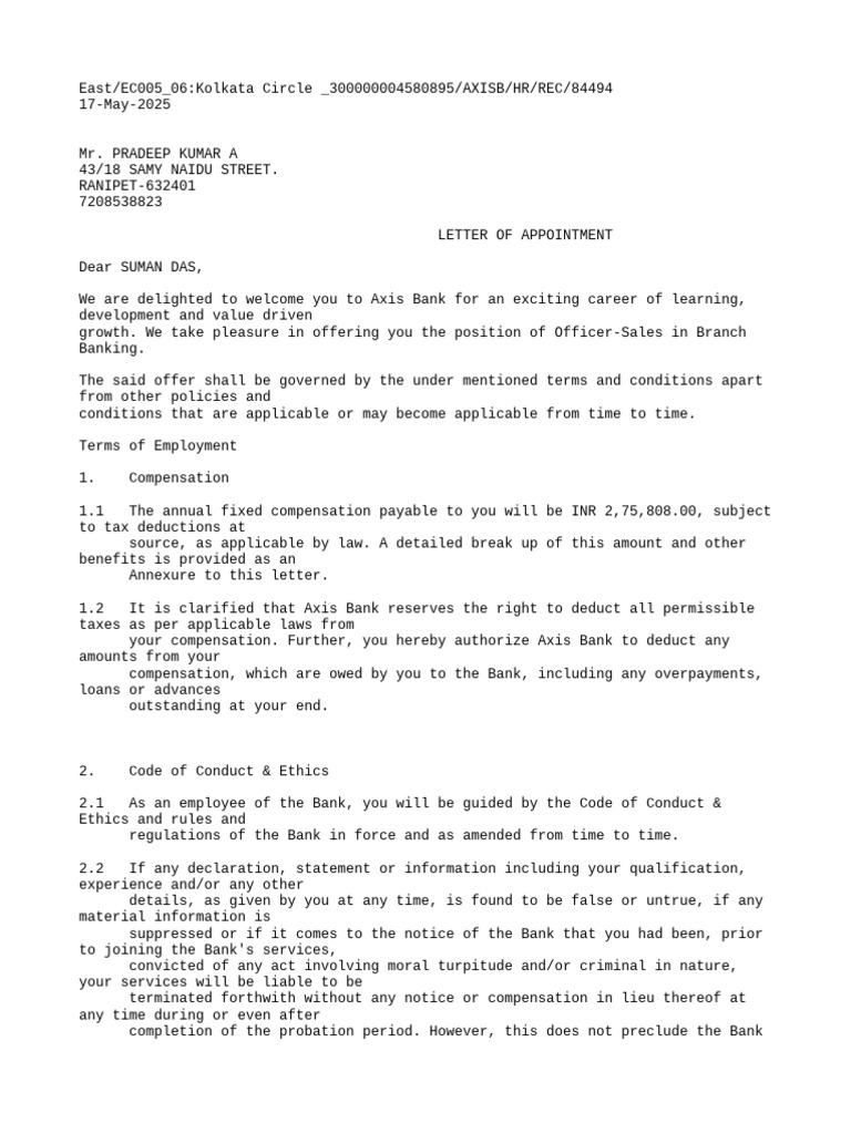 axis joining letter | PDF | Employment | Salary