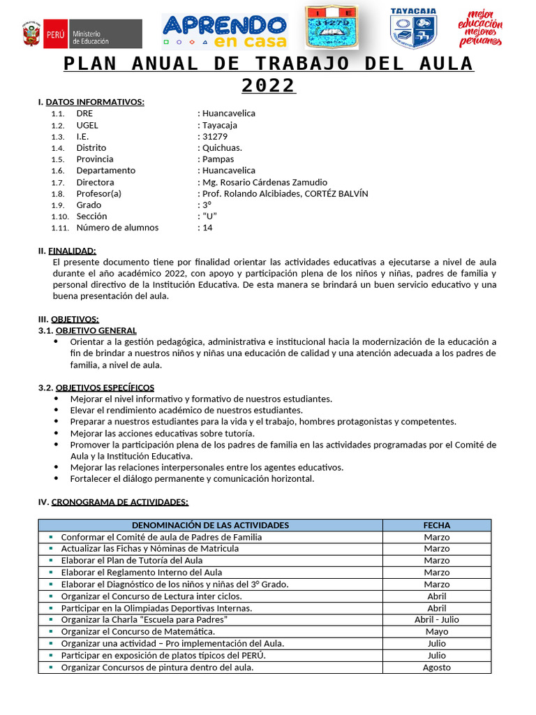 Plan Anual Aula 3º Grado 2022 Huancavelica | PDF | Salón de clases ...