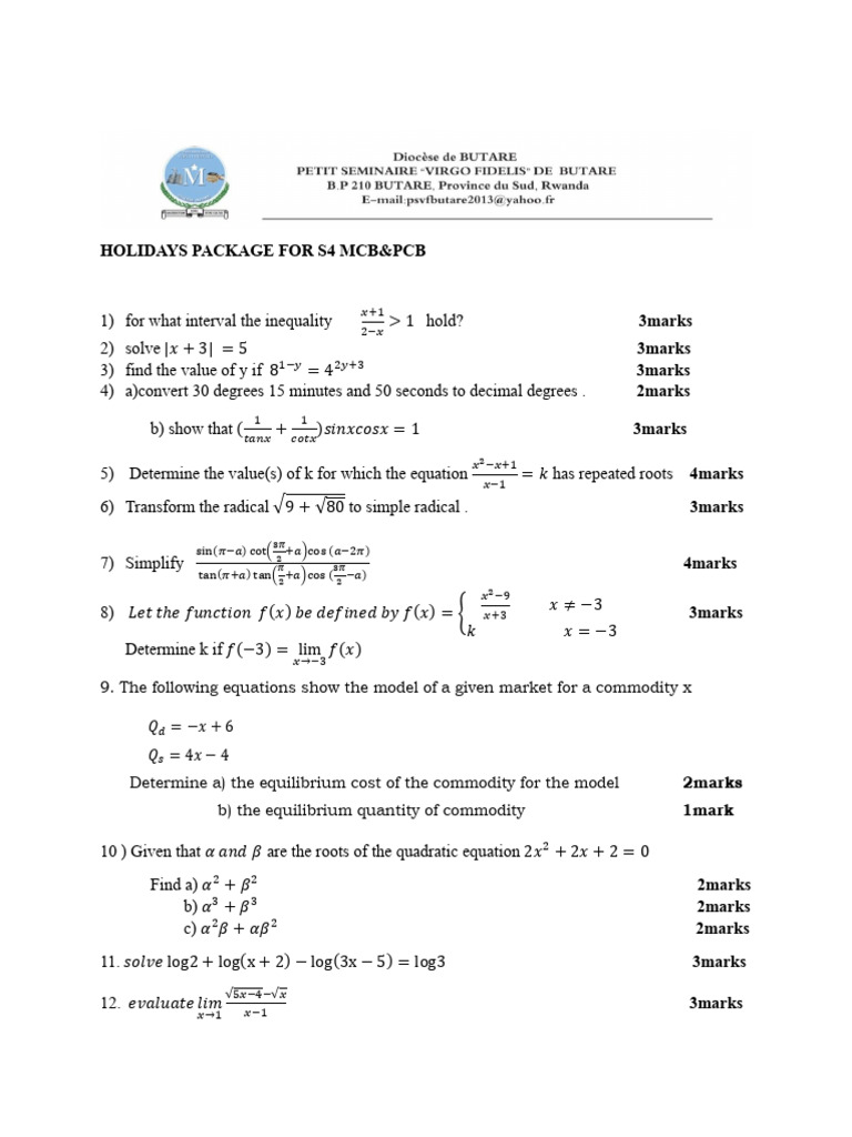 S4 Mathematics Holiday Package | PDF | Mathematical Objects | Mathematics