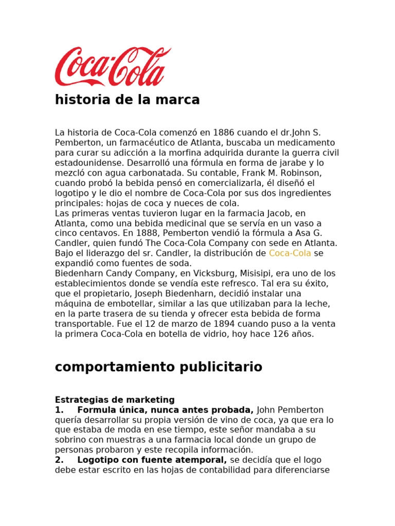 Historia y marketing de Coca-Cola | PDF | Coca Cola | Marketing