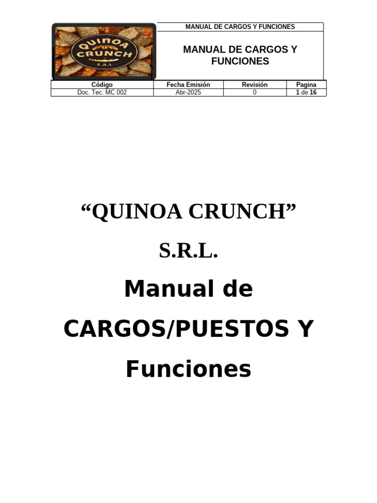 Manual de Cargos y Funciones en Quinoa Crunch | PDF | Business ...