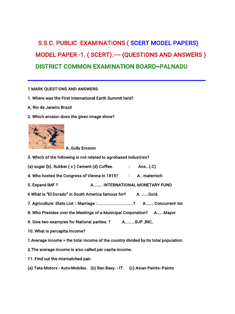 SCERT Model Papers for S.S.C. Exams | PDF | Water