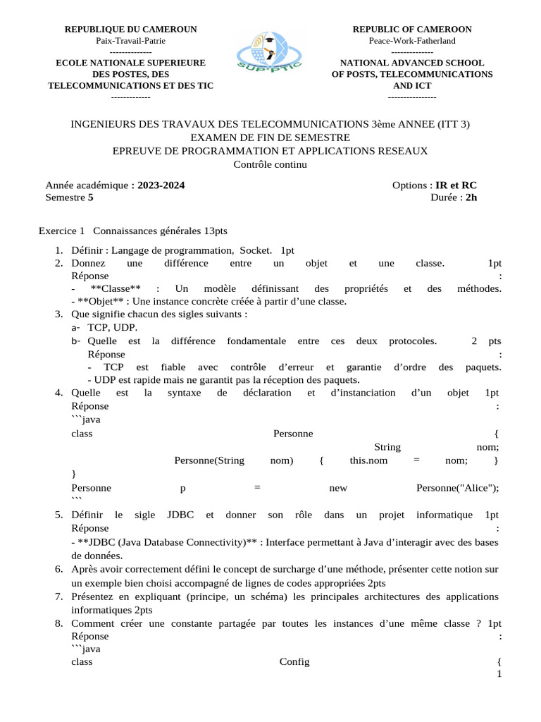 Examen Programmation Réseaux ITT 3 | PDF | Java (Langage de ...