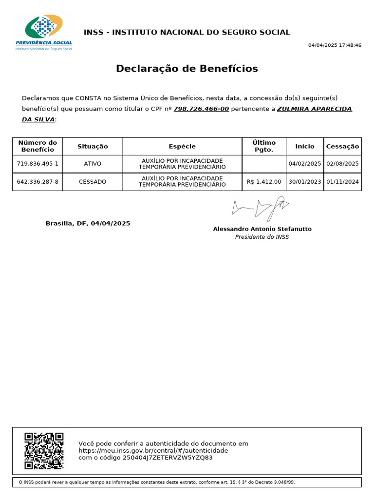 Benefícios INSS de Zulmira Aparecida | PDF