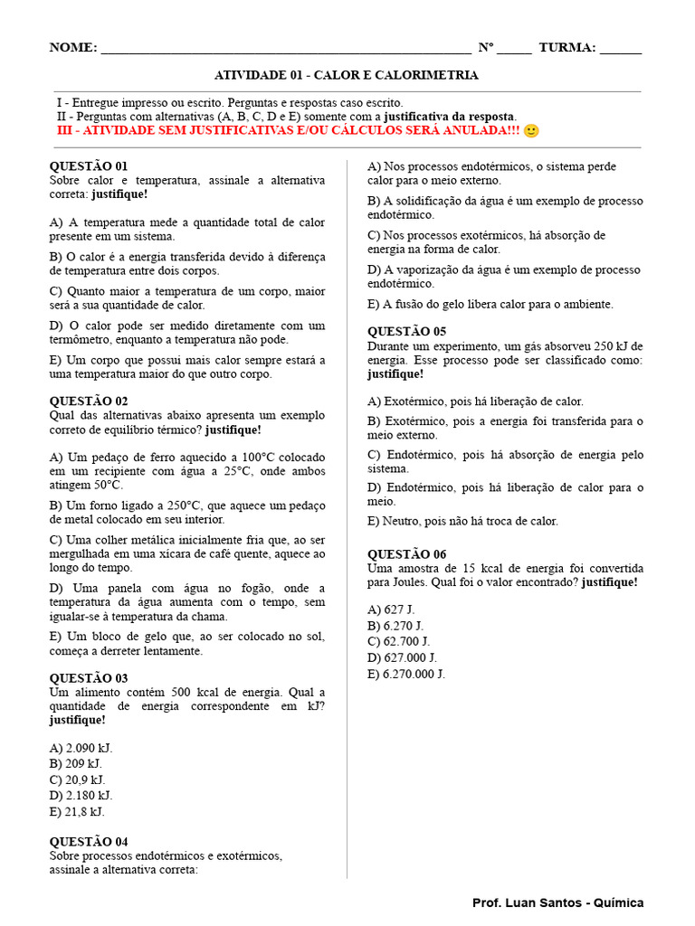 Atividade sobre Calor e Calorimetria | PDF | Calor | Temperatura