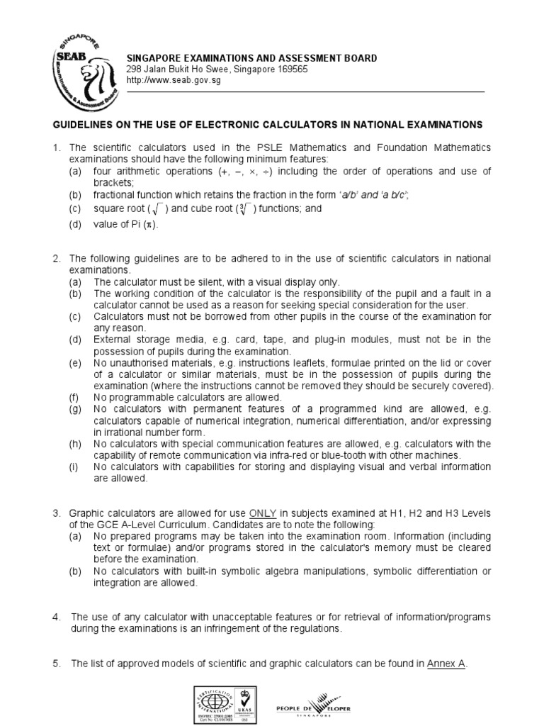 Approved Calculators for Singapore Exams | PDF | Calculator | Office ...