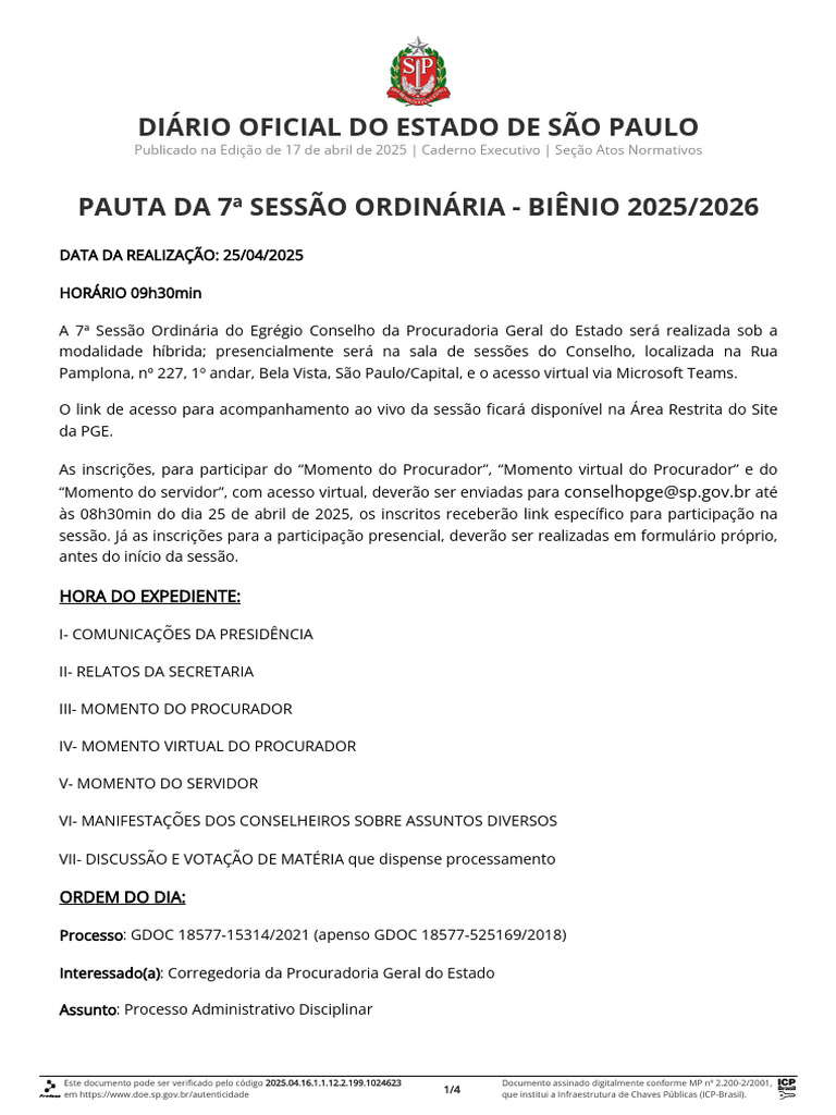 Pauta da 7ª Sessão Ordinária PGE 2025 | PDF | Justiça | Crime e Violência