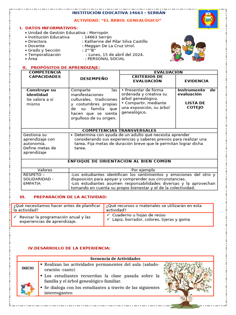 Sesion de P.S El Arbol Genealogico 150424 | PDF | Evaluación | Aprendizaje
