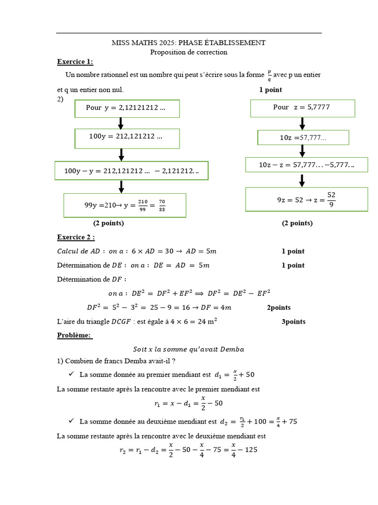 Correction Épreuve Miss Maths 2025 | PDF | Mathématiques
