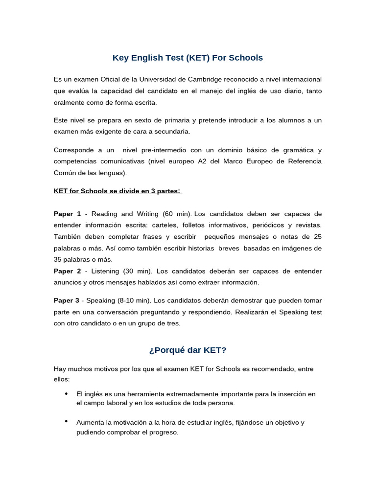 Examen KET para Escuelas: Guía Completa | PDF