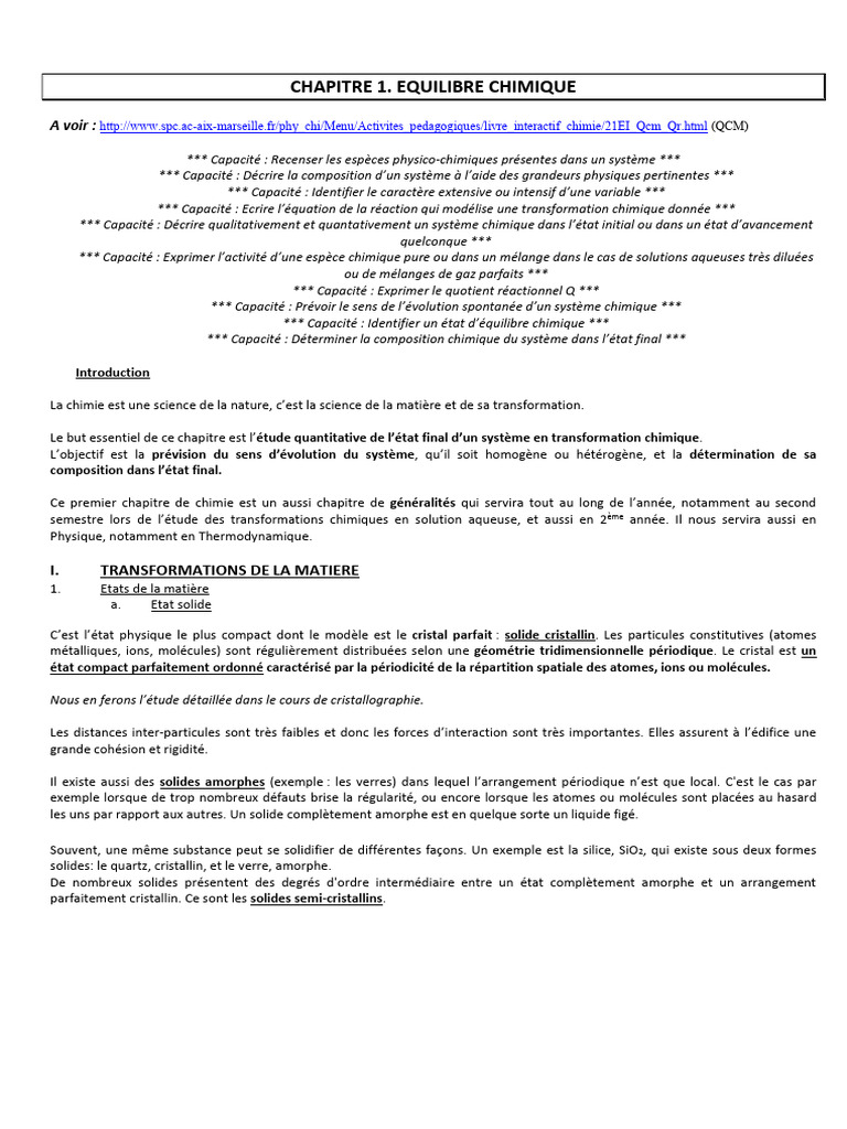 Équilibre Chimique et Transformations de la Matière | PDF | Réaction ...