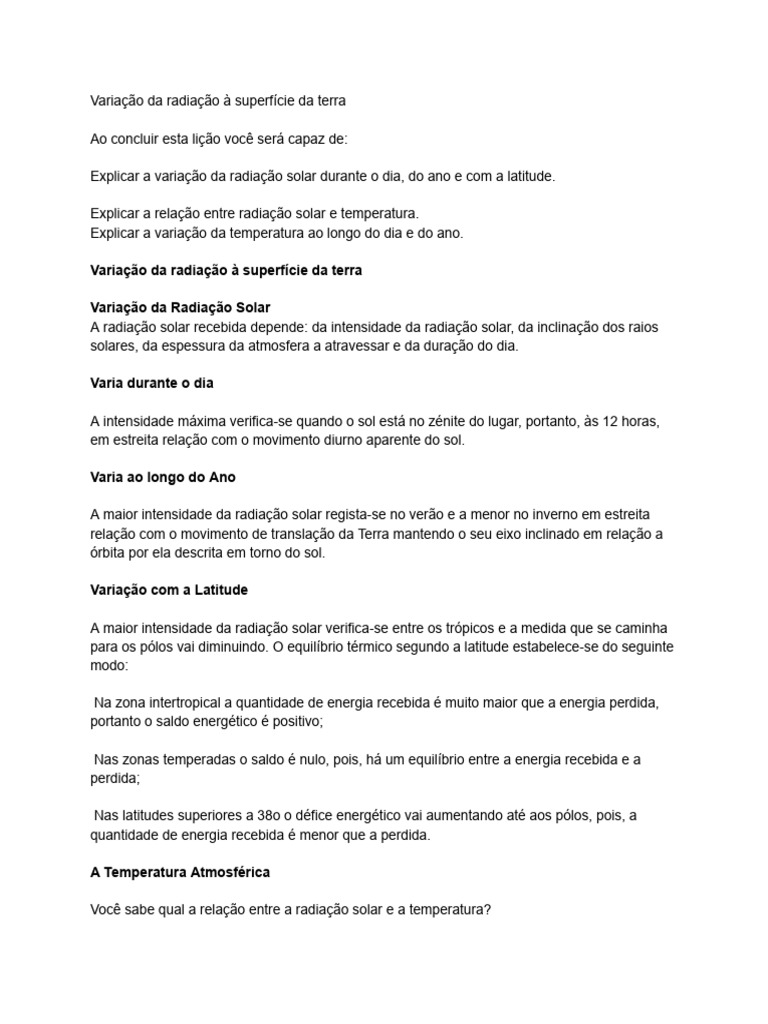 Variação da Radiação Solar e Temperatura | PDF | Terra | Temperatura