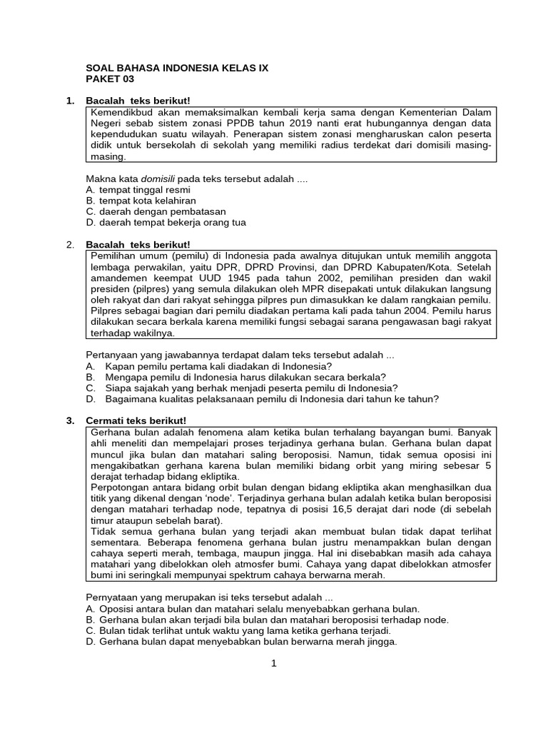 Soal Bahasa Indonesia Kelas IX Paket 03 | PDF