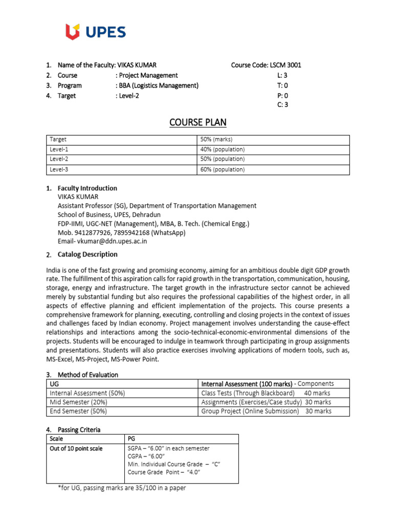 Project Management Course Plan BBA | PDF | Educational Technology ...