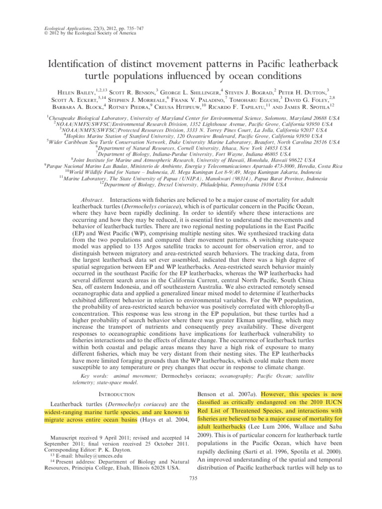 Identification of Distinct Movement Patterns in Pacific Leatherback ...
