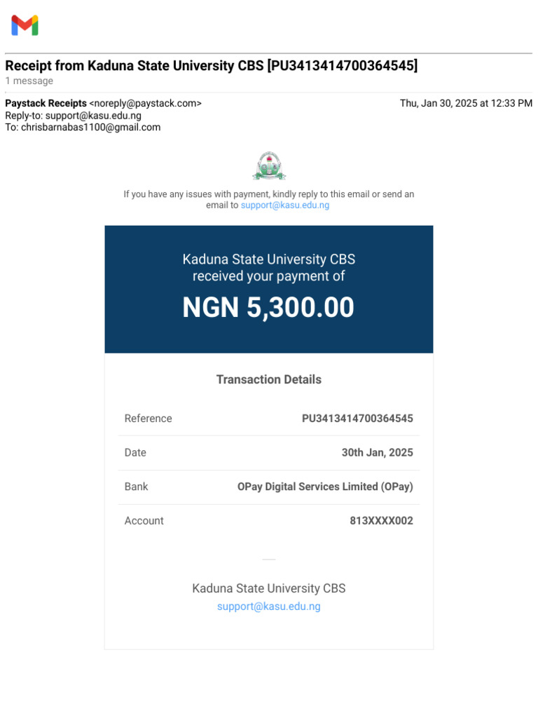 Paystack Receipt for KASU Payment | PDF