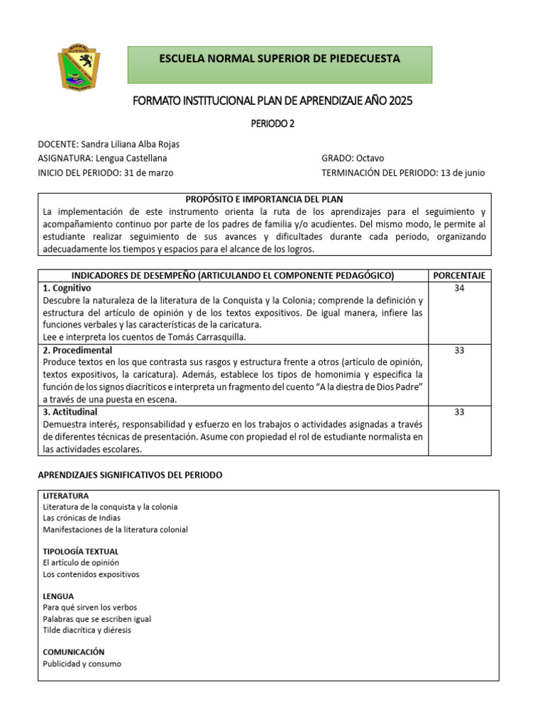 Plan de Aprendizaje Lengua 2025 Grado 8 | PDF | Aprendizaje | Maestros