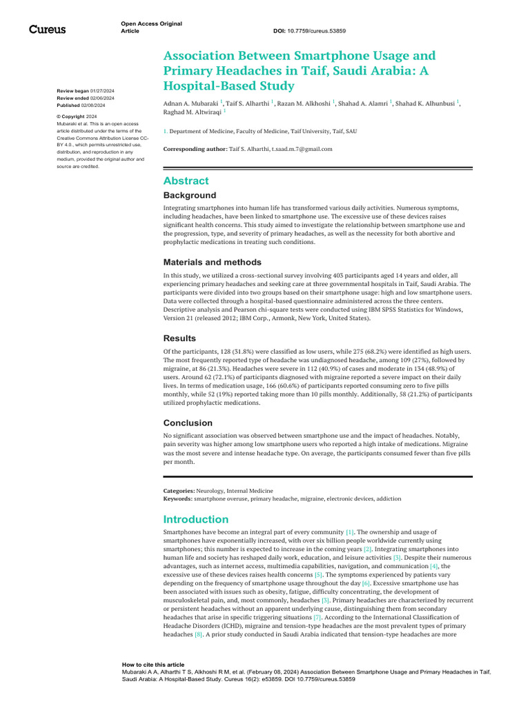 Association Between Smartphone Usage and Primary H | PDF | Headache ...