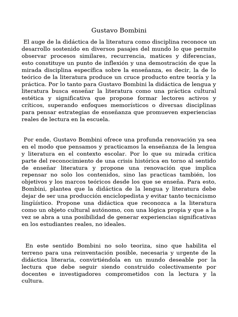 Didáctica de la Literatura según Bombini | PDF