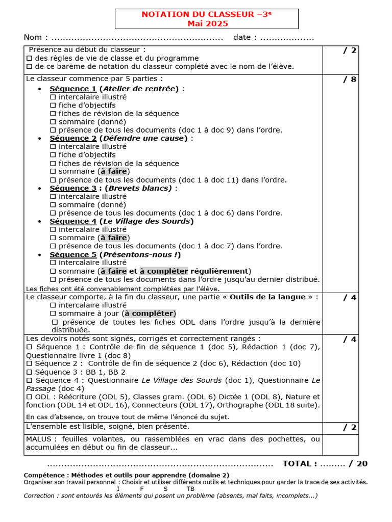 Barème de Notation du Classeur 3e | PDF