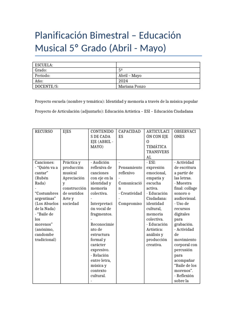 Planificación Musical 5º Grado: Abril-Mayo | PDF | Canciones | Ritmo